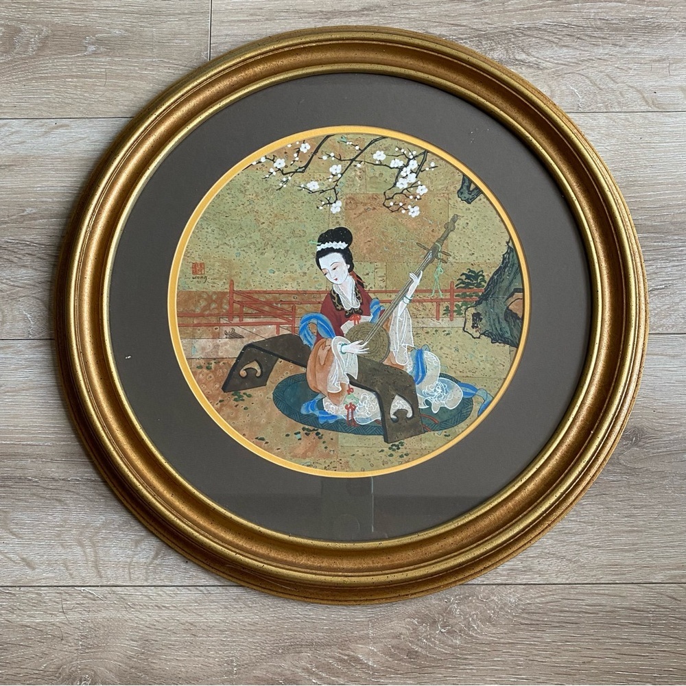 Vintage‎ Wong Geisha Gouache watercolour painting on cork Asian oriental goddess